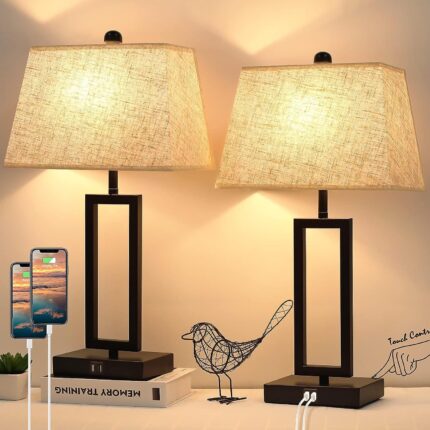 Set of 2 Touch Control Table Lamps with 2 USB Ports